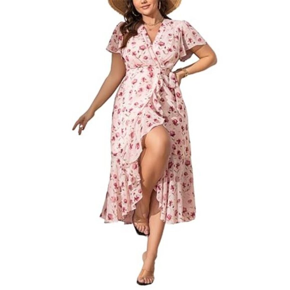Women's Plus Size Floral Wrap Dress V-Neck Ruffle High-Low Midi Dress
